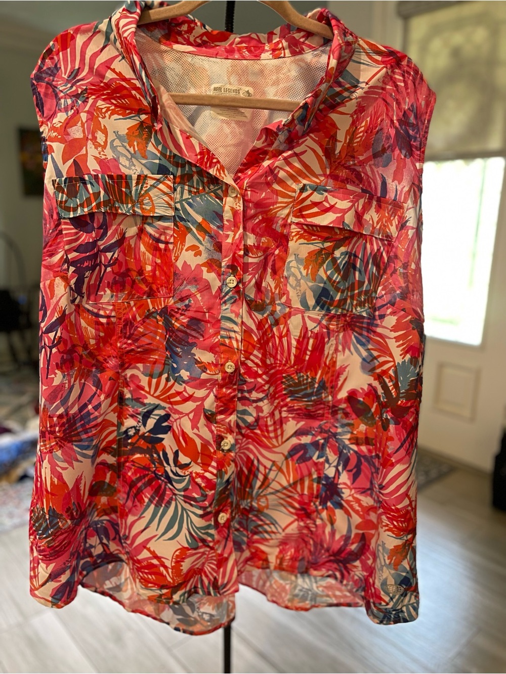 Reel Legends Pink Orange Tropical Print Button-Front Sleeveless Shirt